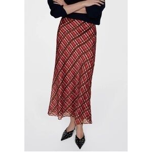 New Mango Plaid Chiffon Maxi Slip Skirt Red Pink Brown XXS